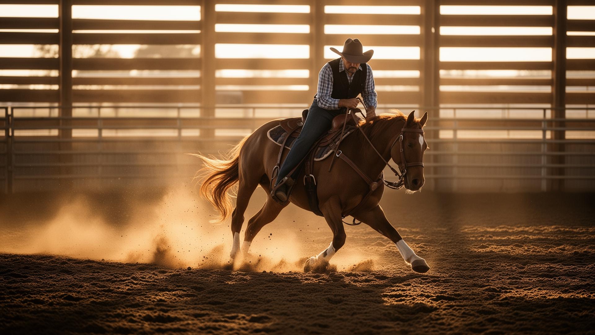 Cutting horse and rider working in a Weatherford arena